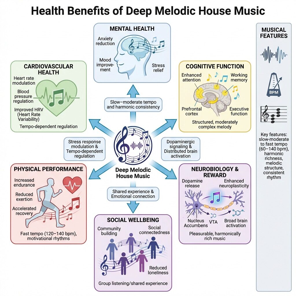 Diagram showing deep melodic house music at the centre with arrows radiating to six benefit categories: mental health, cognitive function, cardiovascular health, physical performance, social wellbeing, and neurobiology and reward. A right-hand sidebar lists the genre's musical features.