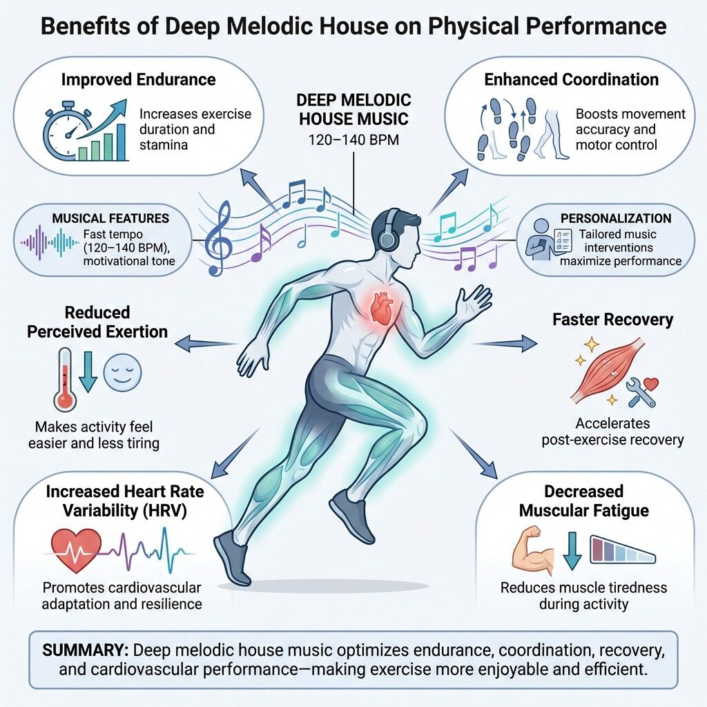 Diagram of a runner with eight benefit panels: improved endurance, enhanced coordination, reduced perceived exertion, faster recovery, increased HRV, decreased muscular fatigue, plus musical features and personalisation panels.