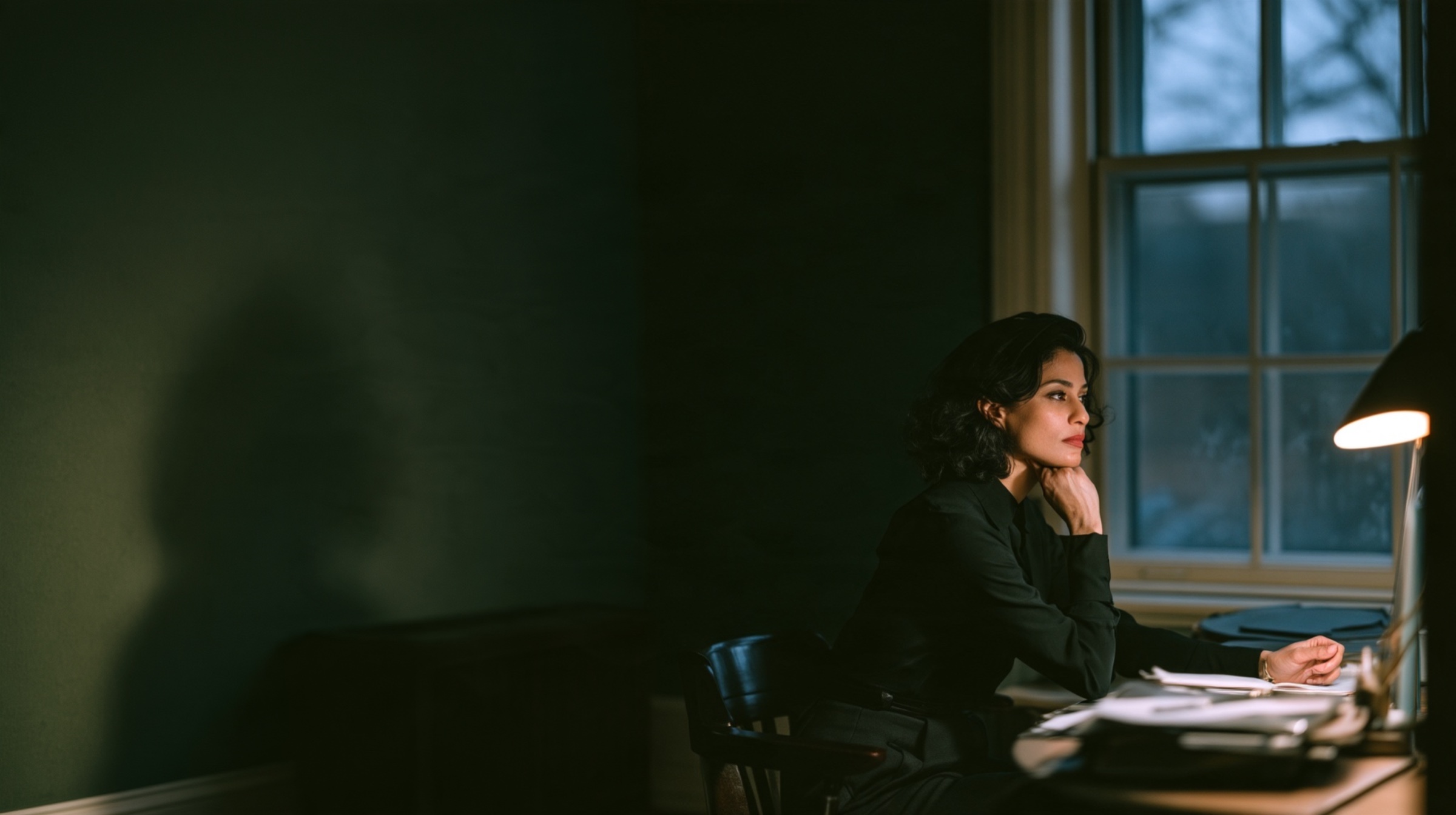 A woman in her late forties sits at a desk by a window at dusk, chin on her hand, lit by a single desk lamp, the rest of the office in shadow